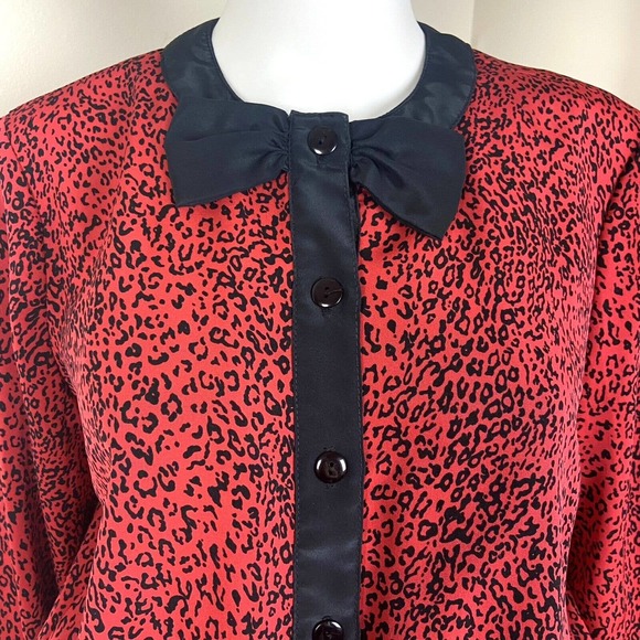 Vintage 80s Red Leopard Bow Secretary Midi Dress Pleated M Medium 1980s - Picture 4 of 10